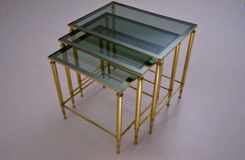 Maison Jansen nesting tables brass frames & teal trimmed mirror, 1950`s, French